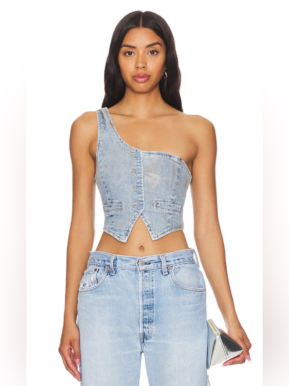 AFRM Asymmetrical One-Shoulder Denim Crop Top - with Gold